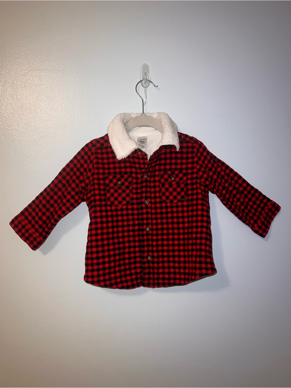 Carter's Red + Black Plaid Sherpa Collar Button-Up Lightweight Jacket - Size 18M